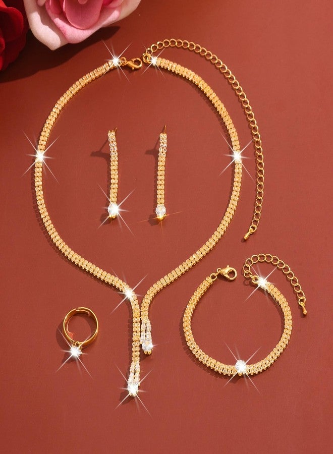 IS4U Sparkling Rhinestone Jewelry Set for Women Elegant Crystal Zircon Necklace Ring Earrings Bracelet Bridal Wedding Prom Party Fashion Jewelry (Gold) - Image 2